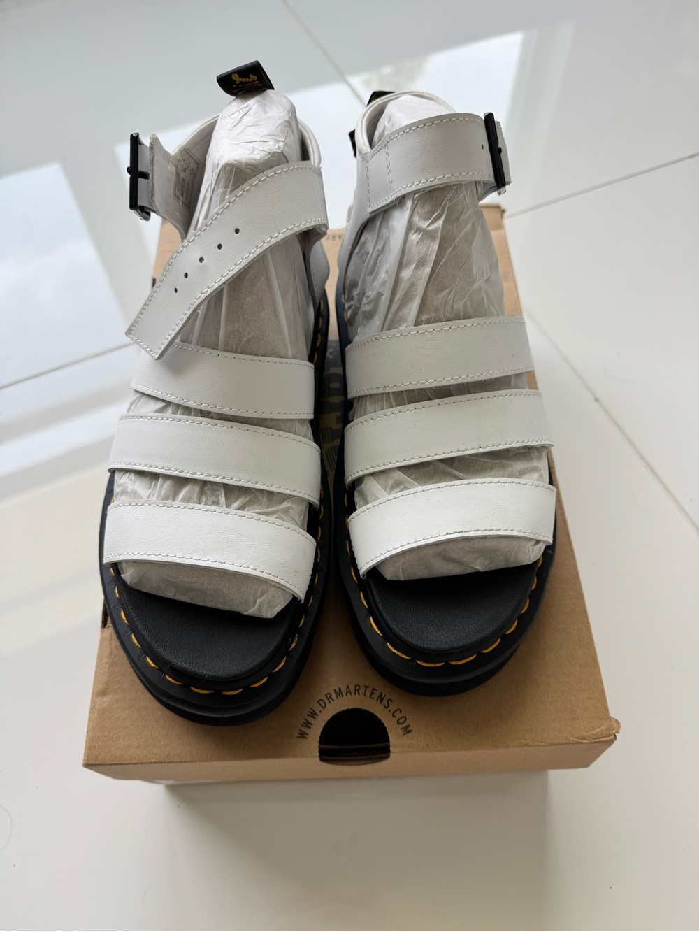 Dr. Martens White Leather Strappy Platform Sandals